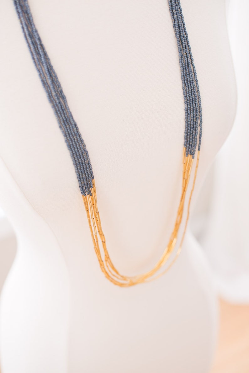 London Gunmetal and Gold Seed Bead Necklace, Seed Bead Jewelry, Long