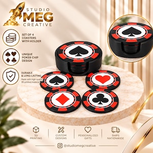 May include: A set of four round coasters designed to resemble poker chips, featuring black, red, and white colors with spade, heart, diamond, and club suit symbols. The set includes a black circular holder for storage and organization.
