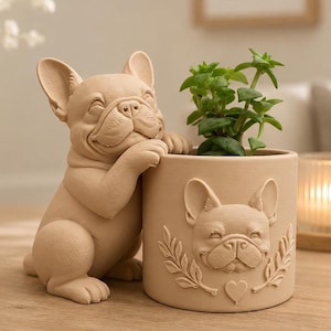 Faux Succulent Pot, Beige PLA 3D-Printed French Bulldog Holder