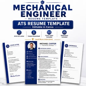 May include: A mechanical engineer resume template featuring a dark blue and white color scheme. The document includes sections for a cover letter, professional summary, work experience, education, skills, and references, all editable in Canva.