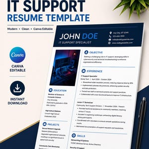 Peut inclure: Un modèle de CV professionnel pour support informatique avec une mise en page bleu foncé et blanc, incluant des sections pour l'objectif, l'expérience, l'éducation, les projets et les compétences, ainsi qu'une photo d'un bureau.