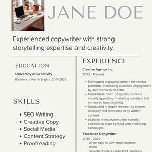 Content Writer Resume Template | Copywriter CV Canva Editable | Cover Letter & References | Digital Download