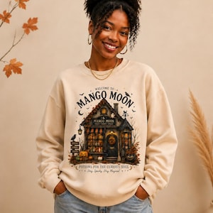 Bluza z nadrukiem Mango Moon na Halloween, przytulny, czarowniczy, okrągły dekolt, koszula w stylu vintage na Halloween, upiorny, jesienny sweter, prezent dla czarownicy, bluzka Cottagecore.