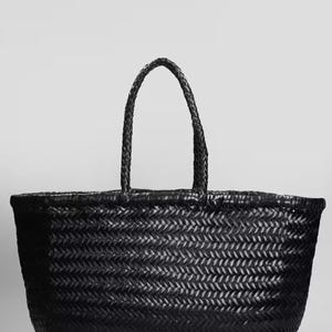 Black Hand Woven Leather Tote Bag, Work Commute Handbag, Gift For Her