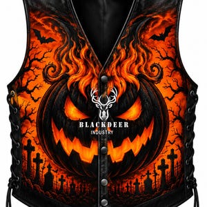 May include: A black waistcoat featuring a graphic print of a glowing orange jack-o'-lantern with a sinister face, surrounded by silhouettes of bare trees, bats, and tombstones. The waistcoat has a V-neck, four front snap buttons, and black side laces.