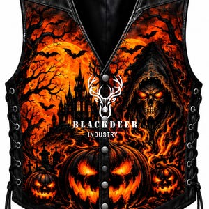 Gotisk äkta läder pumpa dödskalle bikerväst, Halloween skräckkostym