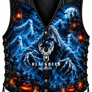 May include: A black leather waistcoat featuring a vibrant blue graphic print of a hooded skeletal figure, ghosts, a castle, and jack-o'-lanterns. The waistcoat has a V-neck, silver snap buttons, and side lacing. The text BLACKDEER INDUSTRY is printed in white.