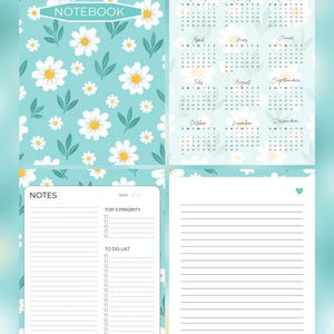 Op de afbeelding: Een 2027 planner notitieboek met een lichtblauwe kaft met een patroon van witte madeliefjes en groene bladeren. De binnenpagina's bevatten een jaarkalender, een notitiesectie met een prioriteitenlijst, een takenlijst en gelinieerde pagina's.
