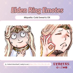 Op de afbeelding: Digitale illustratie van Elden Ring Emotes met Miquella. De ene emote toont een personage met blond haar, grote ogen en zweetdruppels. De andere toont een personage dat een OK-handgebaar maakt. Tekst bevat Elden Ring Emotes, Miquella: Cold Sweat & OK, en venerxs.