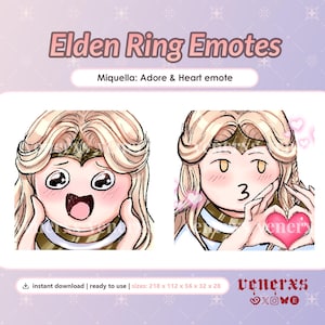 Op de afbeelding: Digitale grafische set getiteld Elden Ring Emotes met Miquella in twee uitdrukkingen: één met grote, bewonderende ogen en handen op de wangen, en een andere die een hartgebaar maakt, beide met blond haar en een gouden hoofdtooi.