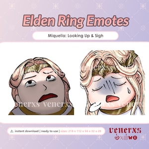 Op de afbeelding: Digitale grafische set getiteld Elden Ring Emotes met Miquella: Looking Up & Sigh. Twee illustraties tonen een personage met lang blond haar en een gouden hoofdtooi. De ene toont het personage dat omhoog kijkt, de andere toont een zuchtende expressie.