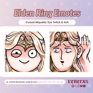 Op de afbeelding: Twee digitale emotes met een blond personage met een gouden hoofdtooi. De eerste toont een trekkend oog, de tweede een verwarde uitdrukking met een hand bij het oor. Tekst: Elden Ring Emotes en Cursed Miquella.