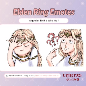 Op de afbeelding: Digitale illustratie van Elden Ring Emotes met Miquella. Eén personage maakt een SMH-gebaar, terwijl de andere naar zichzelf wijst met vraagtekens. De tekst luidt Elden Ring Emotes, Miquella: SMH & Who Me?, en venerxs.