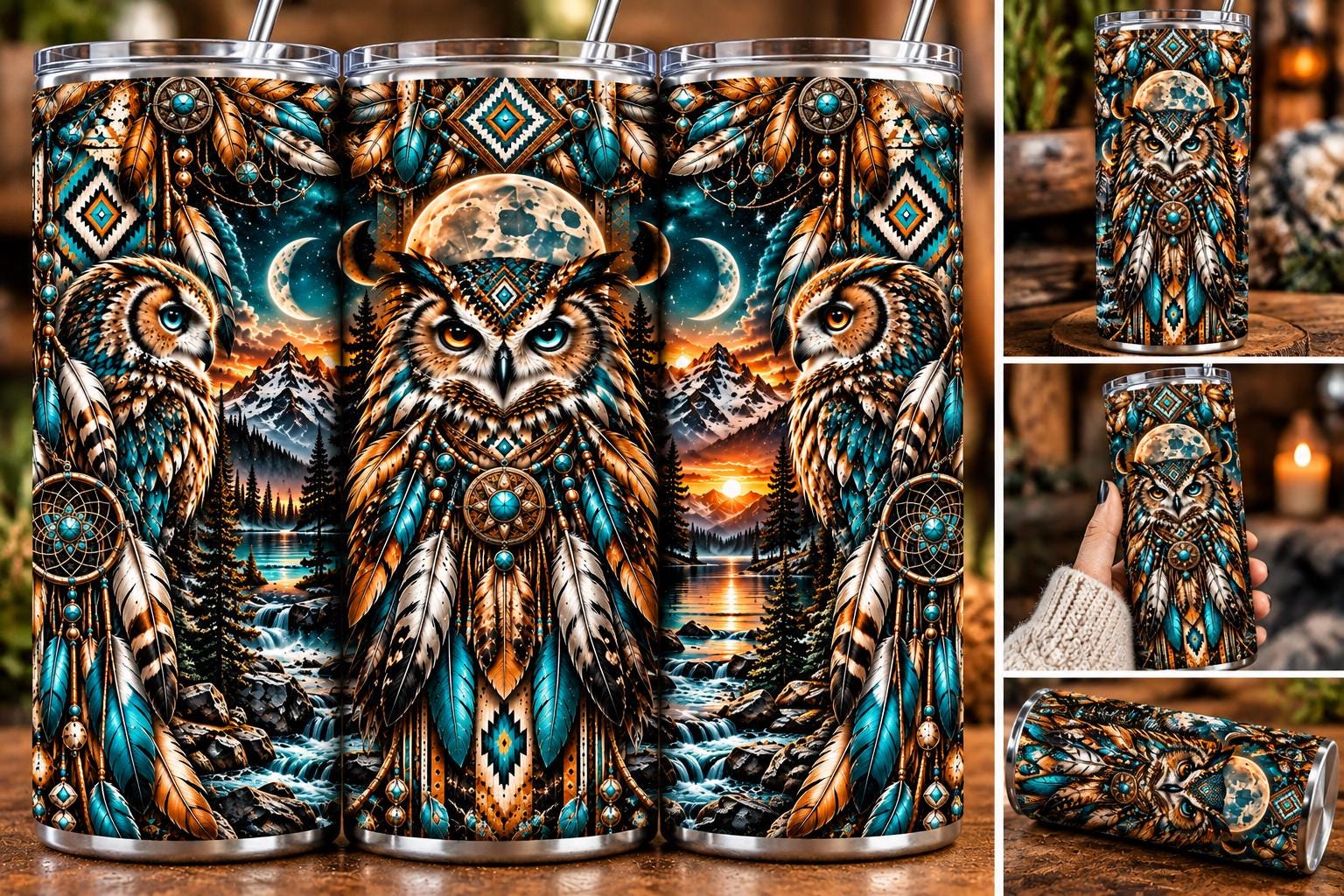 Owl Spirit Animal 20oz Skinny Tumbler Wrap PNG | Turquoise Owl Dreamcatcher Sublimation Design | Boh