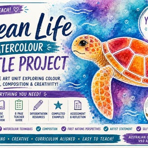 May include: An educational art unit titled Ocean Life Watercolour Turtle Project featuring a watercolour illustration of a sea turtle. The graphic includes text, icons for teaching materials, and a circular Art Lab Studio logo on a blue background.