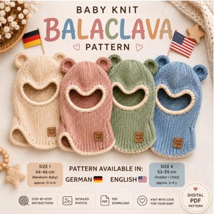 May include: Four knitted baby balaclavas in beige, dusty pink, sage green, and light blue, each with bear ears and a cream-colored trim around the face opening. Each features a small brown tag labeled Hand made. Text includes BABY KNIT BALACLAVA PATTERN.
