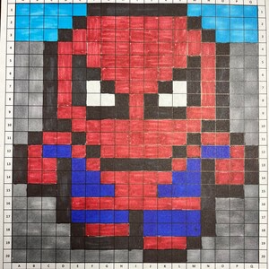 Könnte beinhalten: Ein Pixel-Art-Bild einer roten Figur mit schwarzen Umrissen und blauen Akzenten. Die Figur trägt eine blaue Hose und hat ein weißes Gesicht mit schwarzen Augen. Das Bild befindet sich auf einem Raster mit Buchstaben oben und Zahlen an der Seite.