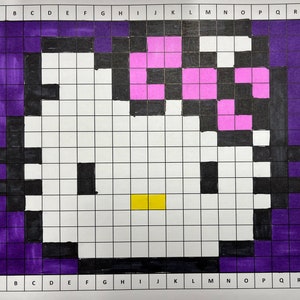 May include: A pixel art design of Hello Kitty with a purple, black, pink, and yellow colour scheme. The design is on a grid with letters A through R and numbers 1 through 16.