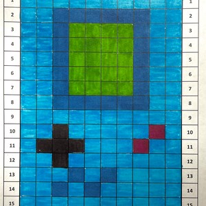 May include: A grid with a blue, green, and black design. The grid is 15 squares by 10 squares. The top left corner is labeled "A1" and the bottom right corner is labeled "J15".