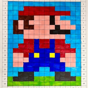 May include: Pixel art of a video game character, Mario, in red, blue, and yellow. He is standing on a green background.