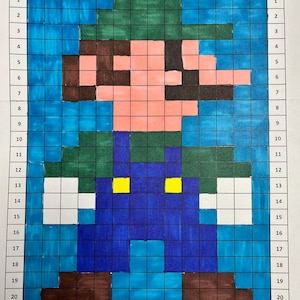 May include: A pixel art image of a video game character. The character is wearing a green hat, brown overalls, and a blue shirt. The character has a yellow mustache and yellow eyes. The background is blue.