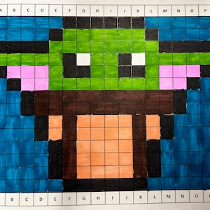 May include: A pixel art image of a green character with large ears, brown eyes, and a pink nose. The character is wearing a brown robe and standing on a brown platform. The background is blue.