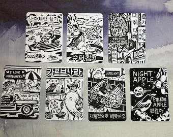 Set van 7 handgemaakte linoleumsnede mini-prints, geïnspireerd op BTS, fanart fotokaarten