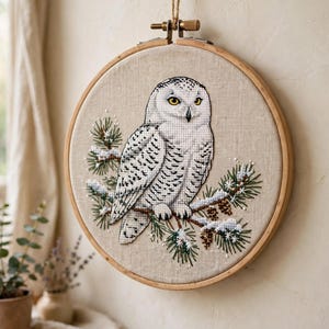 Può includere: Un telaio da ricamo circolare in legno contenente un disegno a punto croce di una civetta delle nevi bianca con macchie nere e occhi gialli, appollaiata su un ramo di pino con aghi verdi, pigne marroni e neve su tessuto beige.