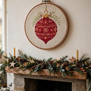 Christmas Cross Stitch Patterns PDF, 6 Ornament Charts, Reindeer Bauble, Stocking, Santa Boot, Candy Heart, Poinsettia, Snowflake