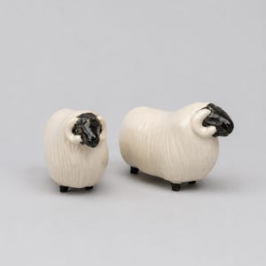 May include: Two ceramic sheep figurines with cream-coloured bodies and textured wool detail. Each sheep has a glossy black face, black legs, and curved horns. The figurines are positioned side by side, displaying a smooth, reflective finish.