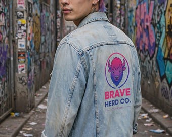 Brave Herd Co. Bison Logo Denim Jacket | Retro Purple Pink Buffalo