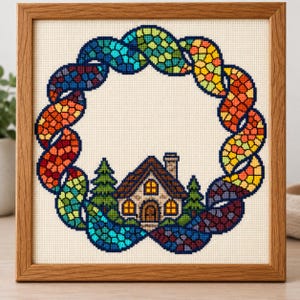 May include: A framed cross-stitch embroidery featuring a house with glowing yellow windows surrounded by two green pine trees, all enclosed within a circular border of multicolored, mosaic-style interlocking braided patterns.
