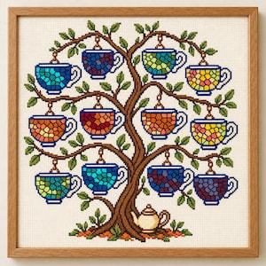 May include: A framed cross-stitch embroidery featuring a brown tree with green leaves. Hanging from the branches are eleven colorful teacups with mosaic-style patterns in shades of blue, orange, yellow, and purple. A small cream teapot sits at the base.