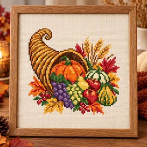 Può includere: Un ricamo a punto croce in una cornice di legno raffigurante un corno dell'abbondanza pieno di prodotti del raccolto autunnale, tra cui una zucca, uva, spighe di grano, mele rosse e foglie autunnali nei toni dell'arancione, giallo, rosso e verde.