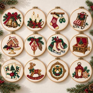 May include: A set of twelve circular wooden embroidery hoops featuring cross-stitch designs of holiday motifs including bells, candles, a stocking, a sled, a gingerbread house, an ornament, ice skates, a music box, mail, a reindeer, a wreath, and a lantern.