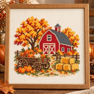 May include: A framed cross-stitch embroidery depicting a red barn with a gray roof, surrounded by yellow and orange autumn trees. A wooden wagon filled with orange pumpkins sits in front of the barn, with stacked yellow hay bales nearby.