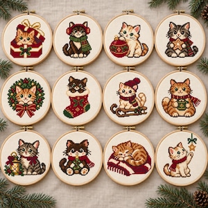 May include: Twelve circular wooden embroidery hoops containing cross-stitch patterns of kittens in various holiday scenes, including a cat in a gift box, a cat in a stocking, a cat on a sled, and cats with ornaments, wreaths, and lanterns.