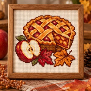 Può includere: Un ricamo a punto croce quadrato in una cornice di legno raffigurante una torta di mele con crosta a griglia, una mela rossa tagliata e due foglie autunnali nei toni dell'arancione, rosso e verde su tessuto color crema con griglia visibile.