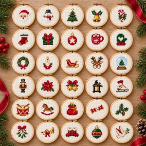 May include: A collection of thirty small circular wooden embroidery hoops, each containing a unique cross-stitch design featuring Christmas motifs such as Santa, a snowman, a tree, a bell, a candy cane, a stocking, a gift, and a reindeer.