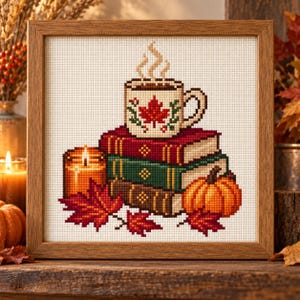 Puede incluir: Un bordado en punto de cruz enmarcado que muestra una pila de tres libros, una taza humeante con un diseño de hoja de arce roja, una vela encendida, una pequeña calabaza naranja y hojas de arce rojas dispersas sobre un fondo de tela crema.