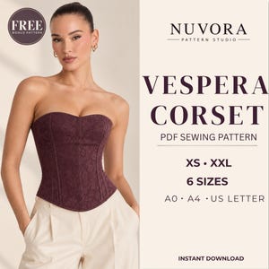 以下が含まれることがあります： かすかな花柄のダークパープルのストラップレスコルセット。テキスト：NUVORA PATTERN STUDIO, VESPERA CORSET, PDF SEWING PATTERN, XS-XXL, 6 SIZES, A0, A4, US LETTER, INSTANT DOWNLOAD, FREE BONUS PATTERN。コルセットには縦の縫い目があります。