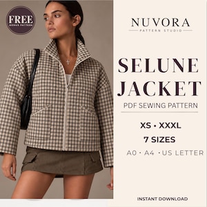 Może przedstawiać: Beżowo-czarna kurtka w kratę z wysokim kołnierzem, przednim zamkiem błyskawicznym i dwiema naszywanymi kieszeniami. Tekst głosi NUVORA PATTERN STUDIO, SELUNE JACKET, PDF SEWING PATTERN, XS-XXXL, 7 SIZES, A0, A4, US LETTER, FREE BONUS PATTERN, INSTANT DOWNLOAD.