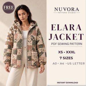 May include: A quilted jacket with a hood and a patchwork floral pattern in muted shades of pink, green, and cream. The text reads NUVORA PATTERN STUDIO, ELARA JACKET, PDF SEWING PATTERN, XS-XXXL, 7 SIZES, A0, A4, US LETTER, FREE BONUS PATTERN.