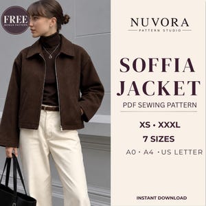 Könnte beinhalten: Ein digitales PDF-Schnittmuster für die Soffia Jacke von Nuvora Pattern Studio. Die Produktinformationen umfassen die Größen XS bis XXXL, insgesamt sieben Größen sowie die Kompatibilität mit den Papierformaten A0, A4 und US Letter für den Druck.