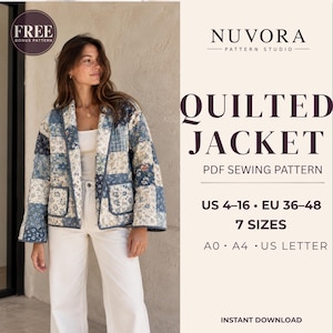 Op de afbeelding: Een PDF-naaipatroon voor een doorgestikte jas van Nuvora Pattern Studio. De jas heeft een blauw-wit bloemrijk patchworkontwerp met twee voorzakken. De tekst bevat Quilted Jacket, PDF Sewing Pattern, US 4-16, EU 36-48, 7 sizes, A0, A4, US Letter en Instant Download.