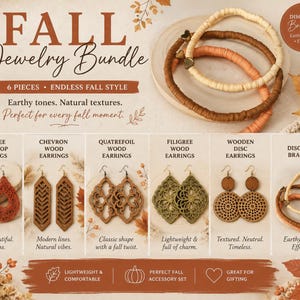 May include: A jewelry bundle featuring six pieces: three disc stack bracelets in cream, brown, and orange, plus five pairs of earrings including filigree teardrop, chevron wood, quatrefoil wood, filigree wood, and wooden disc designs in various earth tones.
