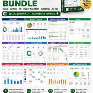 May include: A digital bundle of 800 Excel templates featuring finance, business, CRM, and project management tools. The display includes a box mockup and various spreadsheet examples like dashboards, budget planners, and trackers in green and white.
