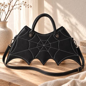 Può includere: Una borsa a mano nera a forma di ali di pipistrello con dettagli a ragnatela cuciti in bianco. La borsa presenta due manici superiori, una tracolla rimovibile e piccoli accenti metallici a forma di croce dove i manici si uniscono al corpo.