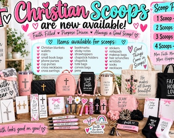 2 Christian Scoops -Items in picture are example. These may change due to availability.