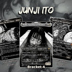 May include: Three black and white trading cards featuring Junji Ito artwork. The cards are titled Ketramose, the New Dawn, Thalia, Guardian of Thraben, and Sheoldred, the Apocalypse. Each card displays detailed monochromatic illustrations and game text.